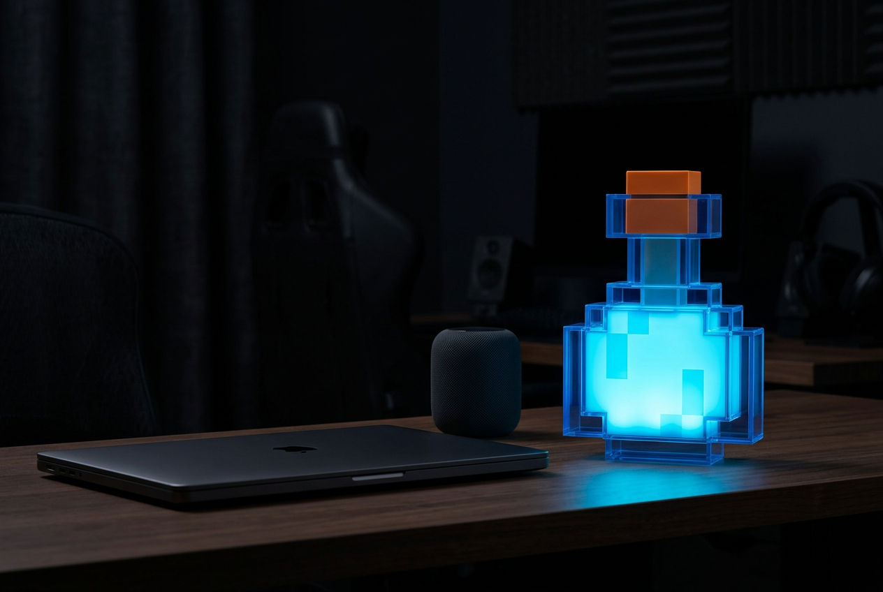 Pixel potion lamp casting a cyan glow across a gaming desk